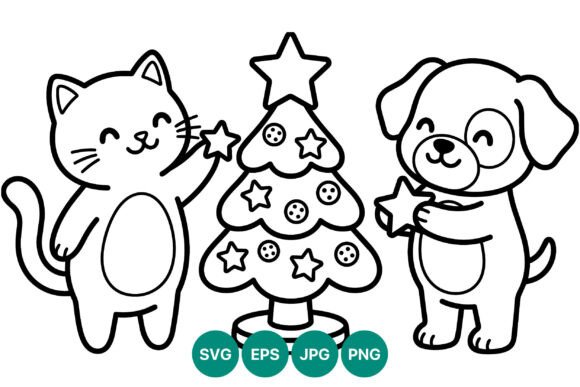 Cat and Dog Decorating Christmas Tree Illustrations