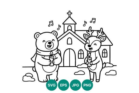 Christmas Bear and Reindeer Caroling Illustrations