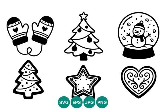 Christmas Icons Black White Vector Illustrations