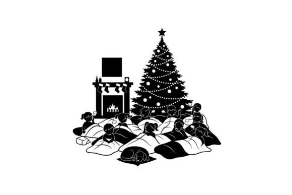 Christmas Silhouette of Children Sleepin Illustrations