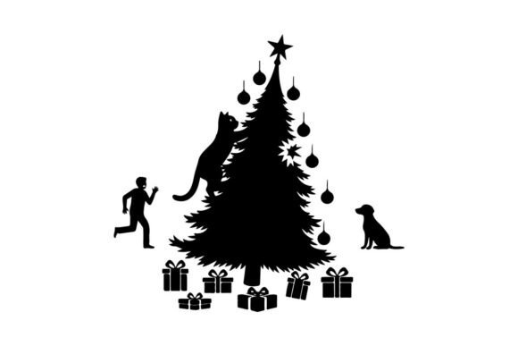 Christmas Tree Silhouette with Cat Dog Illustrations