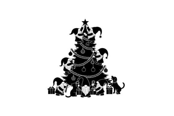 Christmas Tree Silhouette with Cats and Illustrations