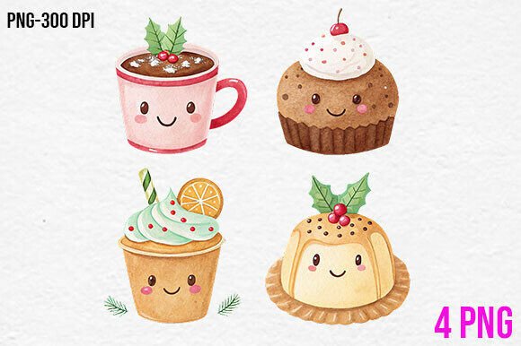Cute Christmas Desserts Clipart PNG Illustrations
