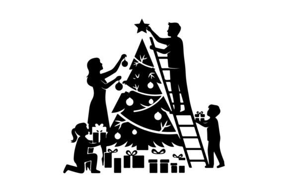 Family Decorating Christmas Tree Silhoue Illustrations